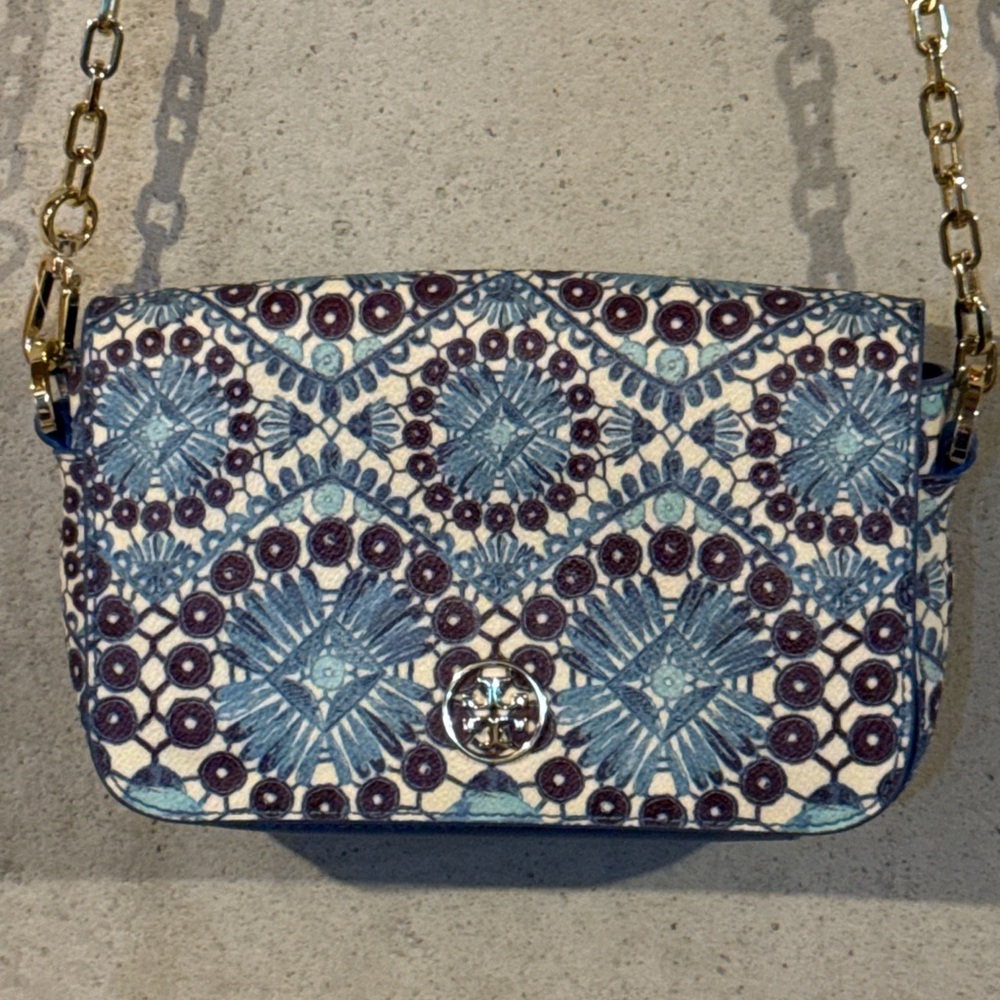 Tory Burch Blue Floral Coated Canvas Crossbody/Shoulder Bag - Picture 4 of 8